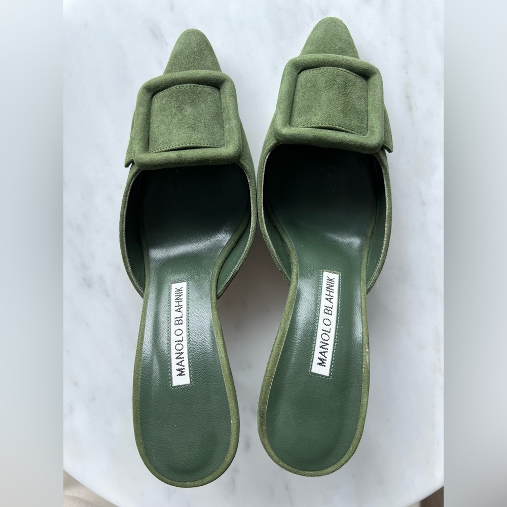 Manolo Blahnik Maysale 70 dark green suede mules - Picture 14 of 14